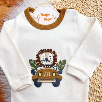  CONJ. DE MALHA 3 PEÇAS - Leãozinho com Jeep - Caramelo e Off White